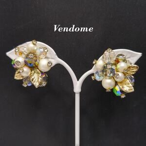 Vendome Floral Bead Crystal Clip Earrings, Faux Pearls, Vitrail Crystal, 1960s
